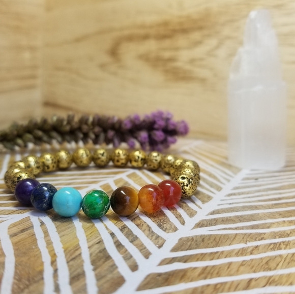 7 Chakra Healing Gold Lava Bead Stretch Bracelet - Picture 5 of 7